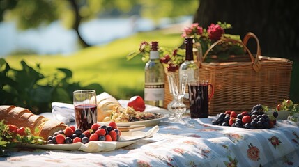 Naklejka na ściany i meble a picnic table with a basket of fruit and a bottle of wine. generative ai