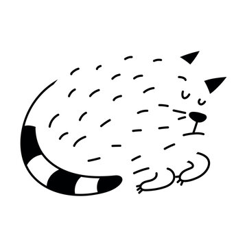 Simple abstract sleeping cat doodle illustration. Fat animal clipart. Funny element for print design, logo, packaging. Vector hand drawn image isolated on white background. Comic drawing.
