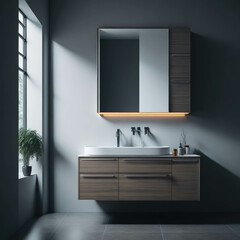 Modern Minimalist Bathroom Interior Design,  White Ceramic Sink and Wood Cabinet, Large Mirror With Warm Led Lights Strip, Generative AI