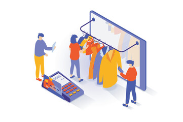 Online shopping concept in 3d isometric design. People choosing new clothes at boutique webpage, ordering delivery and paying at pos terminal. Vector illustration with isometry scene for web graphic