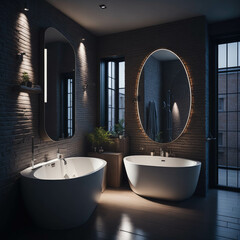 Modern Minimalist Bathroom Interior Design, Decorative Stone Brick Wall, Round Ceramic Bathtub and Sink, Large Mirror With Warm Led Lights Strip, Generative AI