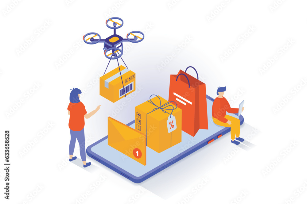 Aufkleber Online shopping concept in 3d isometric design. People making purchases in store webpage using mobile app, ordering delivery by flying drone. Vector illustration with isometry scene for web graphic