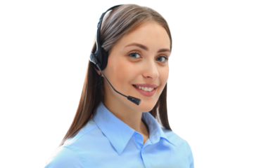 Portrait of call center worker. Smiling customer support operator at work on a transparent background