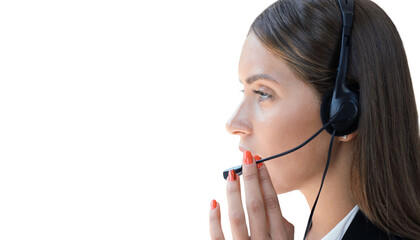 Smiling friendly handsome young female call centre operator on a transparent background