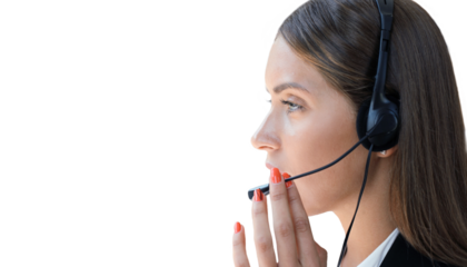Smiling friendly handsome young female call centre operator on a transparent background