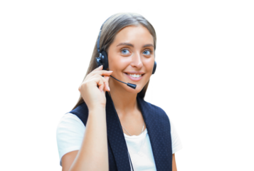 Portrait of call center worker. Smiling customer support operator at work on a transparent background