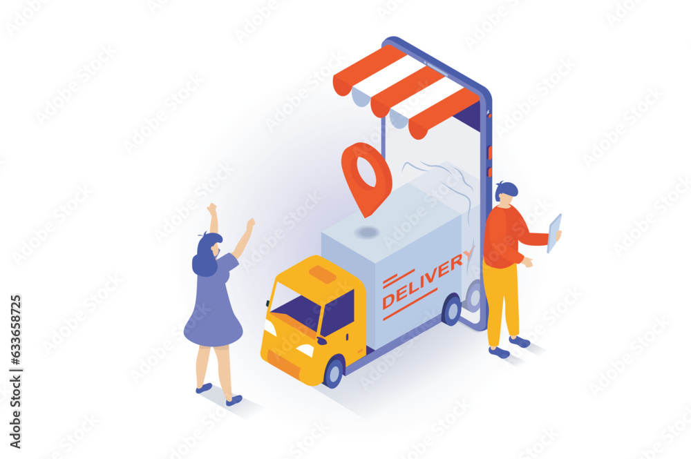 Fototapete online shopping concept in 3d isometric design. people making purchases in store webpage, ordering d