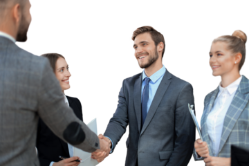 Business partners handshaking over business objects on workplace on a transparent background
