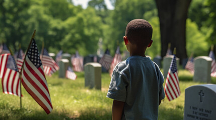 Obraz premium Child sitting near headstones with american flags with veterans day.