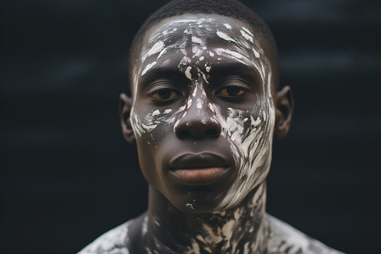 Portrait of a serious African American man with white paint stains on his face looking at camera. Identity, vitiligo concept