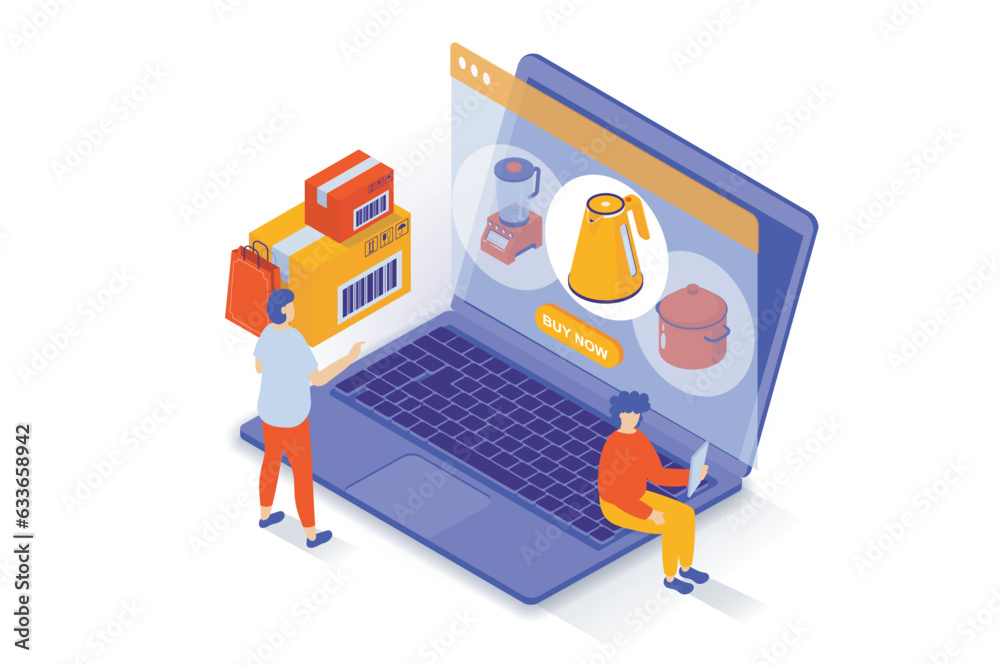 Aufkleber online shopping concept in 3d isometric design. people choosing kitchen appliance at store assortmen