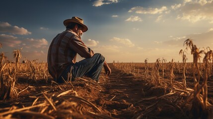 In dry fields, a farmer confronts the aftermath of a harsh drought. The barren landscape speaks of limited food and urgent need, underlining the serious impact of prolonged dry weather. 'generative AI
