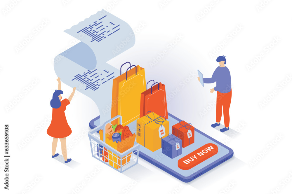Leinwandbilder online shopping concept in 3d isometric design. people making purchases at sale in store mobile app,