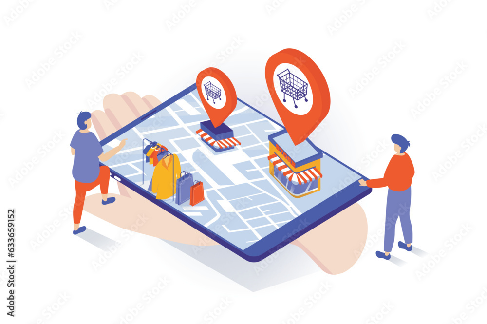 Fototapete online shopping concept in 3d isometric design. people making purchases at sale in clothes store mob