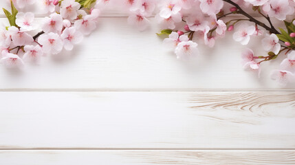 Fototapeta na wymiar pink sakura flowers on a white wooden background with free space for pasting. Generative Ai. 