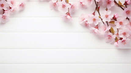 blossoming sakura branches on white wooden background for your design. Generative Ai. 