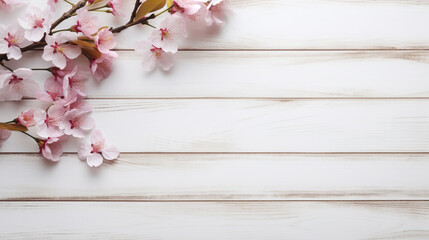blooming pink sakura on a white wooden background with free space for pasting. Generative Ai. 