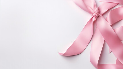 pink Ribbon with bow on white background top view. Generative Ai. 