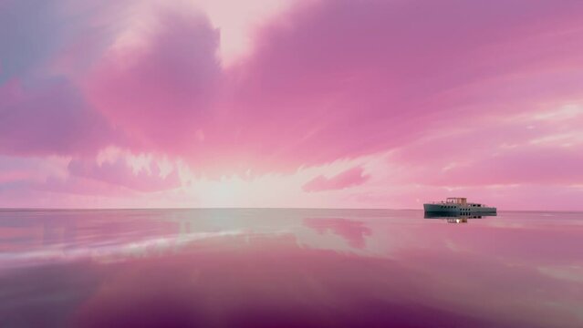 Private yacht or boat sailing at sea (lake, ocean) at pink sunset. Seamless vertical video. 3D render or animation.