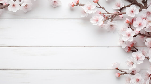 sprig of blossoming sakura on a white wooden background. Generative Ai. 