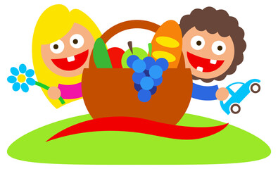 family picnic boy and girl art logo
