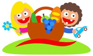 Fototapeta premium family picnic boy and girl art logo