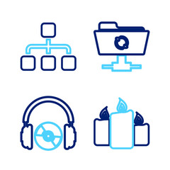 Set line Burning candles, Headphones CD or DVD, FTP sync refresh and Hierarchy organogram chart icon. Vector