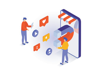 Social media concept in 3d isometric design. People networking, likes video content, manages online profiles, sharing posts, attracting to blog. Vector illustration with isometry scene for web graphic