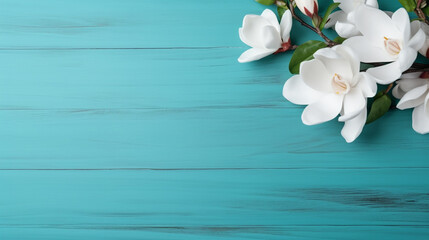 blooming magnolia on a wooden background in light turquoise color with free space to insert for your design. Generative Ai. 
