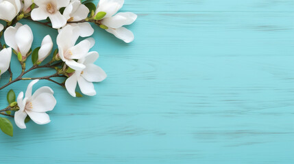 Fototapeta na wymiar sprig of blooming magnolia on a wooden background of light turquoise color with free space for insertion top view. Generative Ai. 