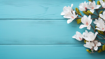 blooming magnolia on a wooden background in turquoise color with free space for insertion. Generative Ai. 