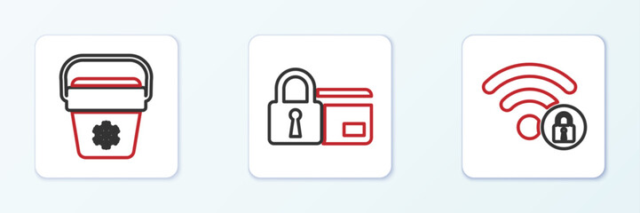 Set line Wifi locked, Cooler bag and Credit card with icon. Vector