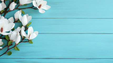 white magnolia on a wooden background light turquoise paint with free space for pasting. Generative Ai. 