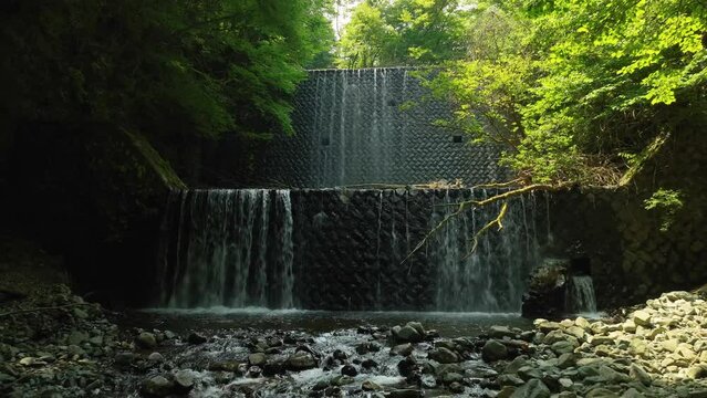 森の中の砂防ダムから流れ落ちる滝と川