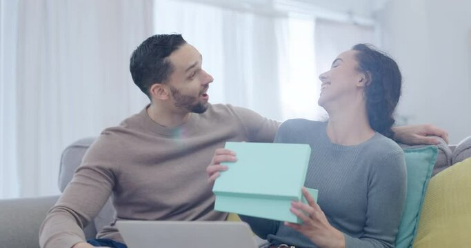 Man, happy couple or woman with surprise gift, love and happiness in relationship celebration on Birthday. Wow, laptop or excited person shocked by opening a present, box or ecommerce product at home