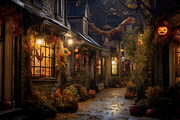Fototapeta na wymiar Night view of a beautiful Halloween decorated small residential street. Generated AI