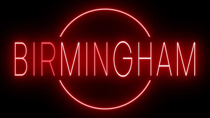 Red flickering and blinking animated neon sign for the city of Birmingham