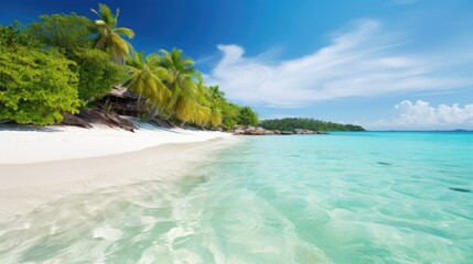 Beautiful beach with crystal-clear water, palms and sand