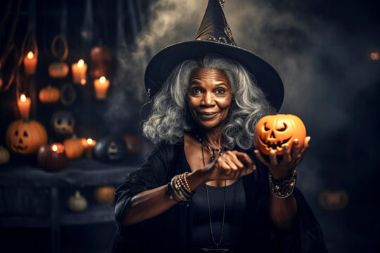 Generative AI illustration of charming elderly woman with gray hair in black dress and hat holding pumpkin lantern and looking at camera on Halloween day while standing on black background with smoke