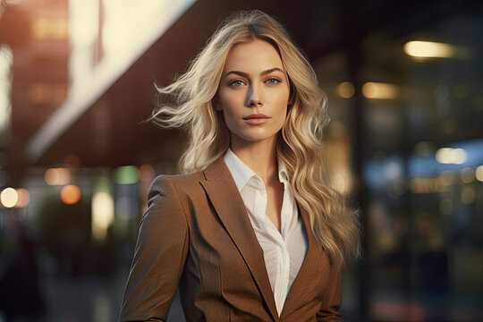 Generative AI illustration of confident woman wearing formal suit and looking at camera while standing in city street