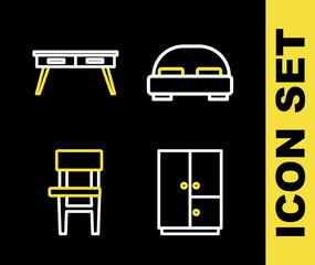 Set line Big bed, Wardrobe, Chair and Office desk icon. Vector