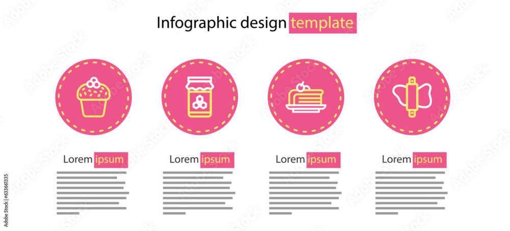 Poster set line piece of cake, rolling pin on dough, jar honey and cake icon. vector