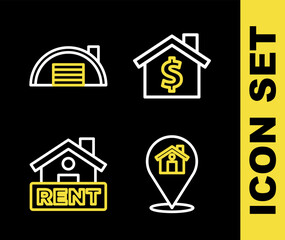 Set line House with dollar symbol, Location house, Hanging sign Rent and Warehouse icon. Vector