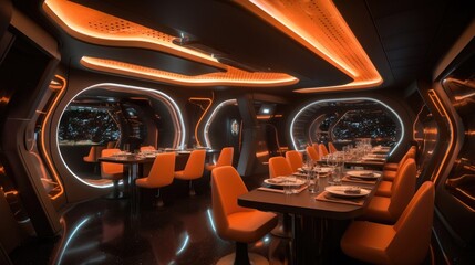 Fototapeta premium Sci-fi futuristic restaurant in orange and red colors