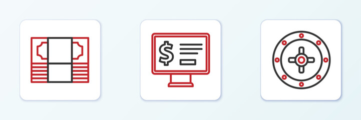 Set line Safe, Stacks paper money cash and Monitor with dollar icon. Vector