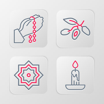 Set line Burning candle, Octagonal star, Date fruit and Hands praying position icon. Vector