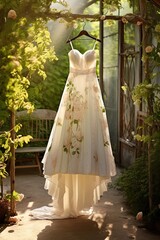 Wedding dress hanging on hanger in sunny garden. 
