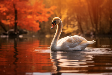 Swan with nature background style with autum