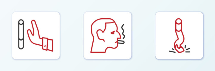 Set line Cigarette butt, Giving up cigarette and Man smoking icon. Vector