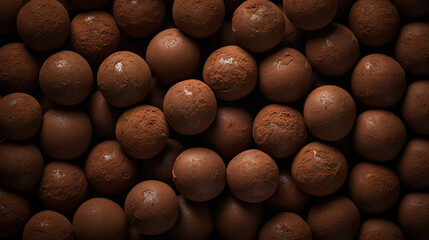 Chocolate truffles background, top view. Sweet cocoa candy. Generative AI